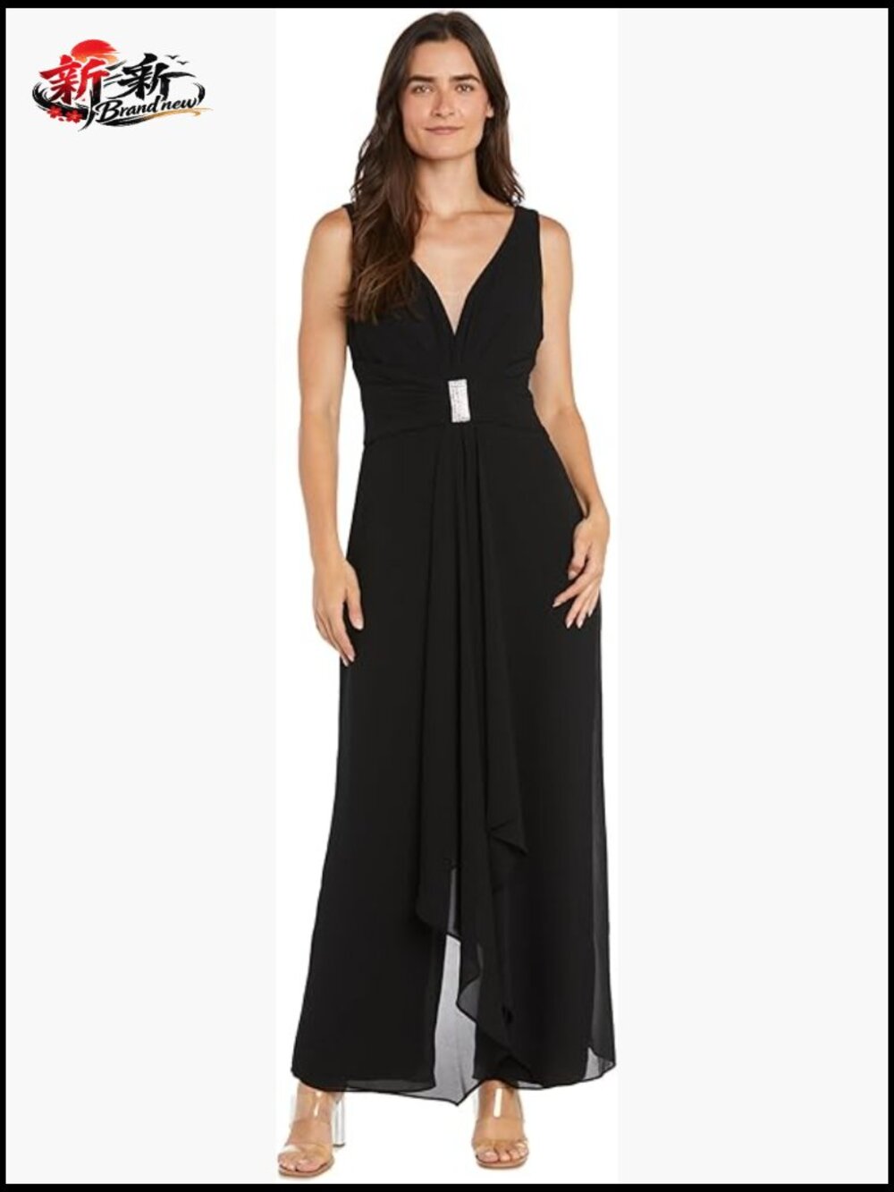 Sleeveless Jumpsuit With Chiffon Overlay And Rhinestone Waistband